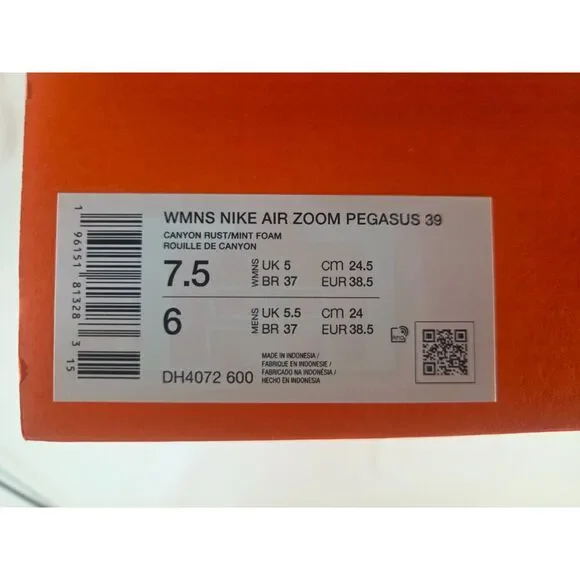 Nike Air Zoom Pegasus 39 Shoes 7.5W DH4072-600 Canyon Rust/Mint Foam NEW w/ Box - Picture 2 of 6
